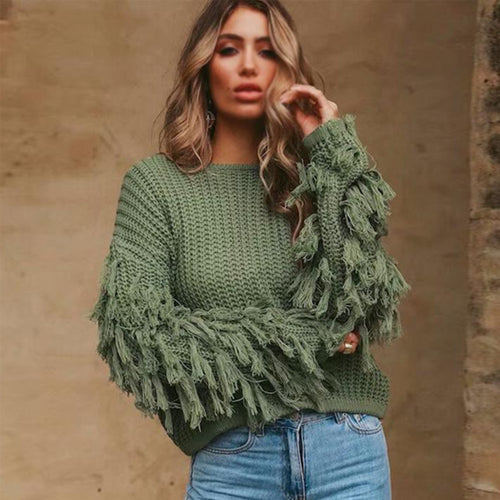 Damen Strickpullover mit fransigen Ärmeln und lässigem Schnitt Drune