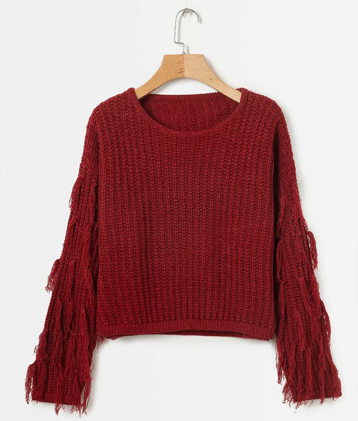 Damen Strickpullover mit fransigen Ärmeln und komfortablem Schnitt Drune