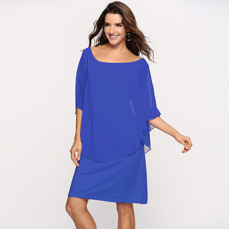 Damen Chiffon-Überwurf-Kleid mit Cape-Ärmeln und geradem Etuikleid Drune