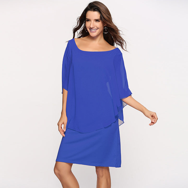 Damen Chiffon-Überwurf-Kleid mit Cape-Ärmeln und geradem Etuikleid Drune