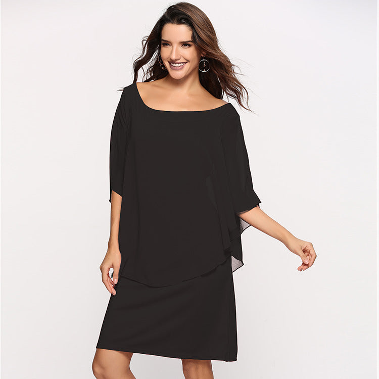 Damen Chiffon-Überwurf-Kleid mit Cape-Ärmeln und geradem Etuikleid Drune