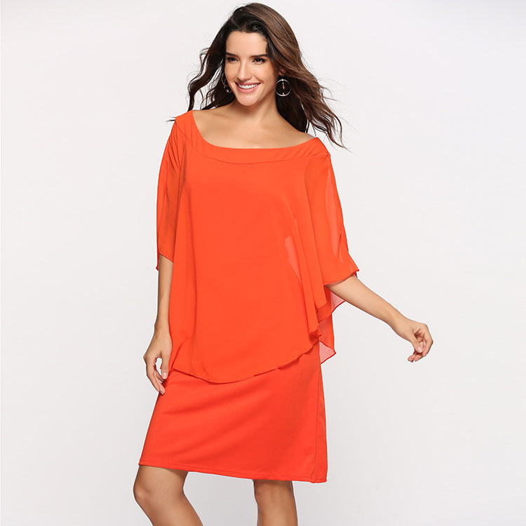 Damen Chiffon-Überwurf-Kleid mit Cape-Ärmeln und geradem Etuikleid Drune