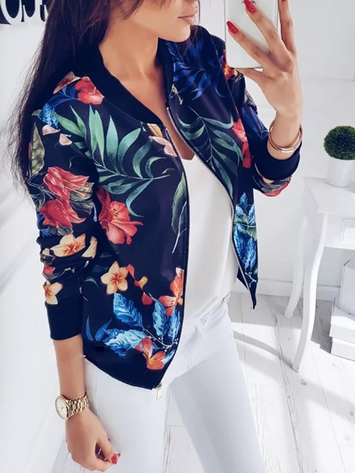 Damen Blousonjacke mit tropischem Blumenmuster und elastischen Bündchen Drune