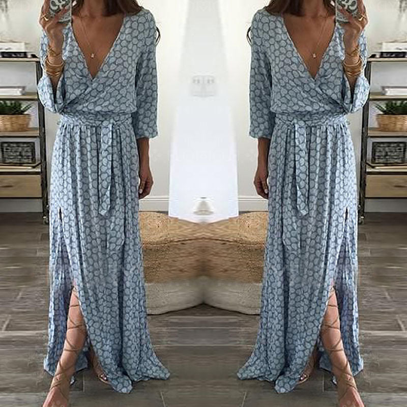 Damen Maxi-Wickelkleid mit tiefem V-Ausschnitt und seitlichem Schlitz Drune
