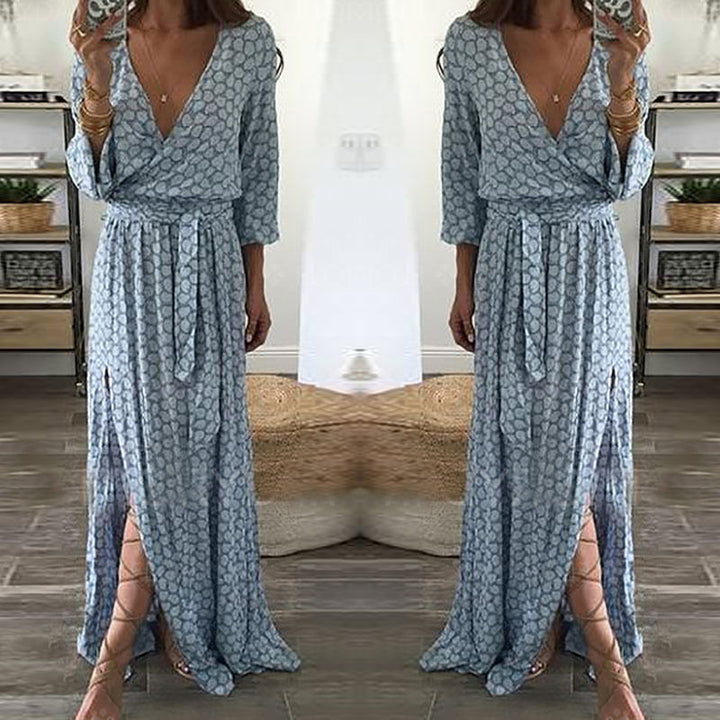 Damen Maxi-Wickelkleid mit tiefem V-Ausschnitt und seitlichem Schlitz Drune