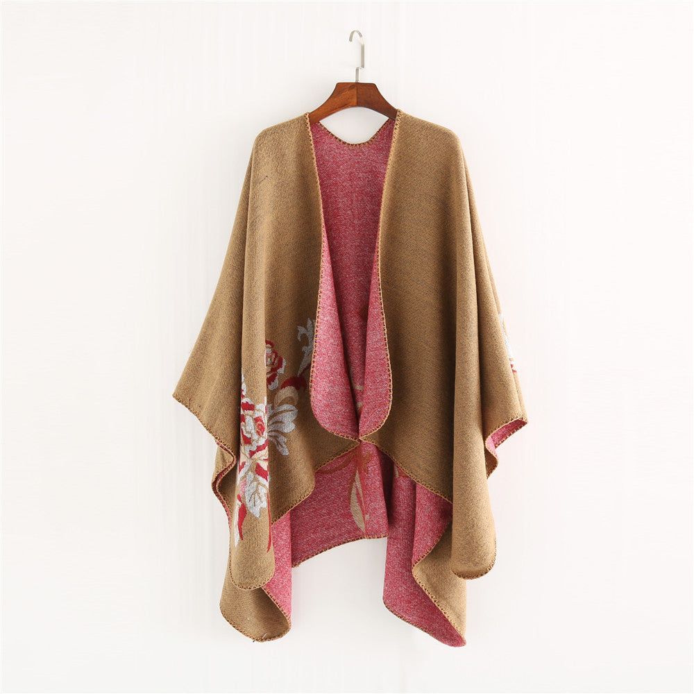 Damen Reversibler Capeponcho aus Wollmix mit floralem Jacquardfutter Drune