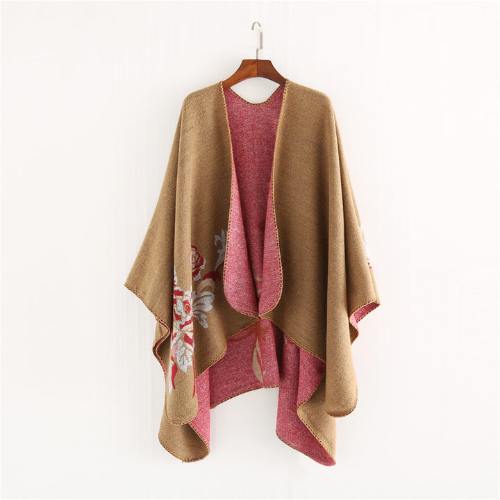 Damen Reversibler Capeponcho aus Wollmix mit floralem Jacquardfutter Drune