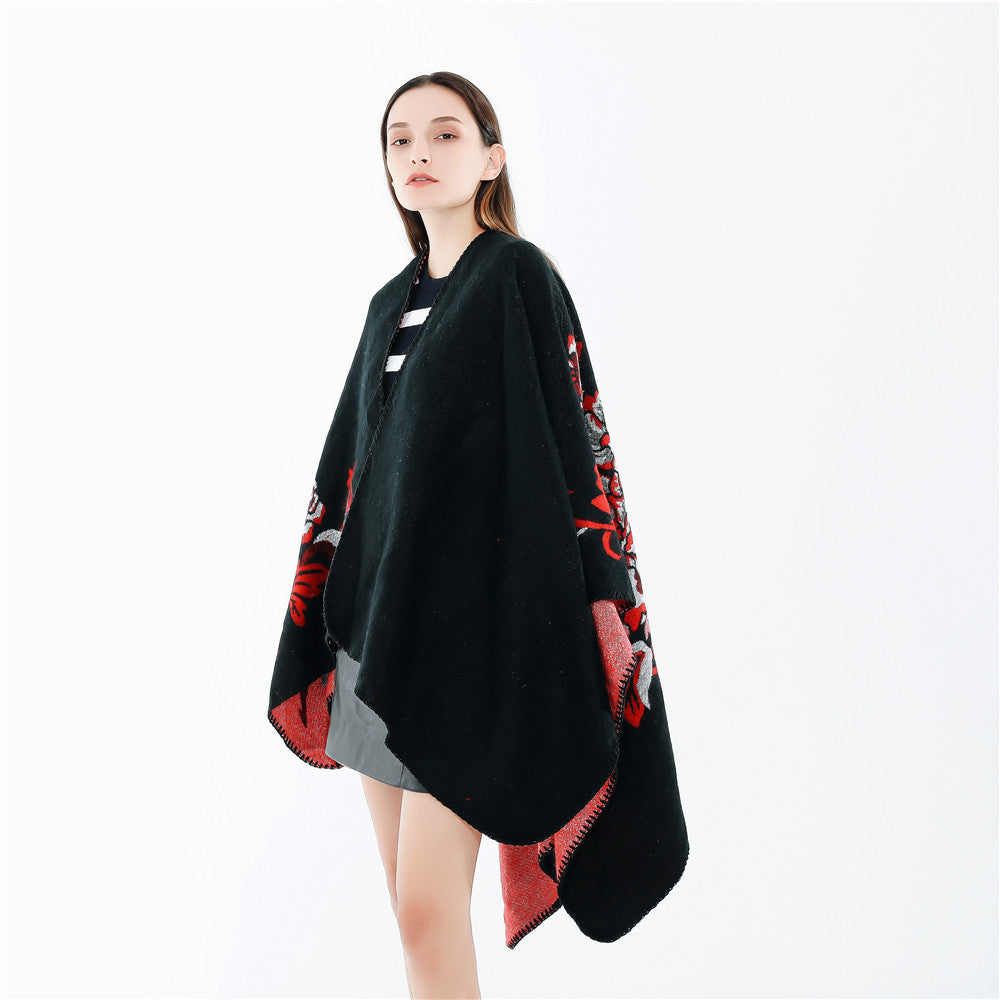 Damen Reversibler Capeponcho aus Wollmix mit floralem Jacquardfutter Drune