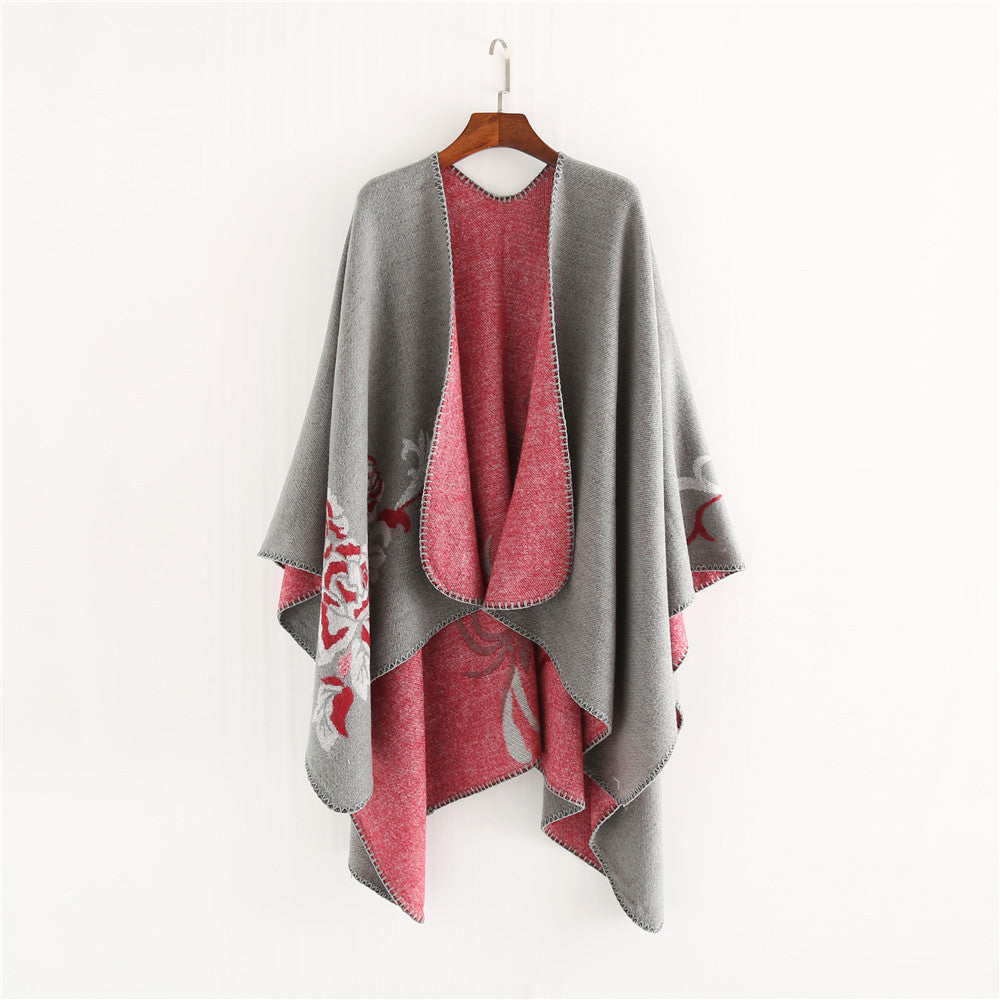 Damen Reversibler Capeponcho aus Wollmix mit floralem Jacquardfutter Drune