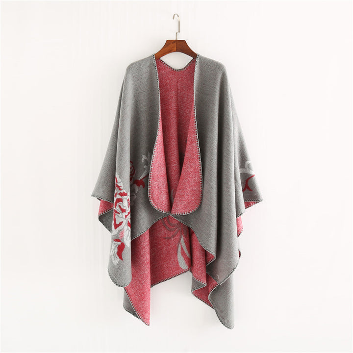 Damen Reversibler Capeponcho aus Wollmix mit floralem Jacquardfutter Drune