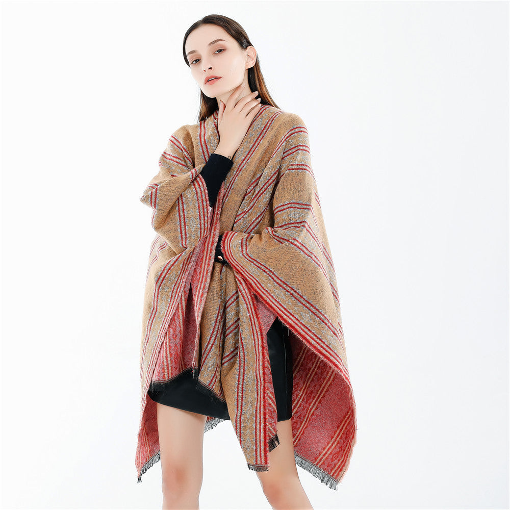 Damen Jacquard‑Ruana‑Poncho mit Fransen und offenem Oversize‑Fall Drune