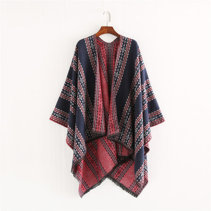 Damen Jacquard‑Ruana‑Poncho mit Fransen und offenem Oversize‑Fall Drune