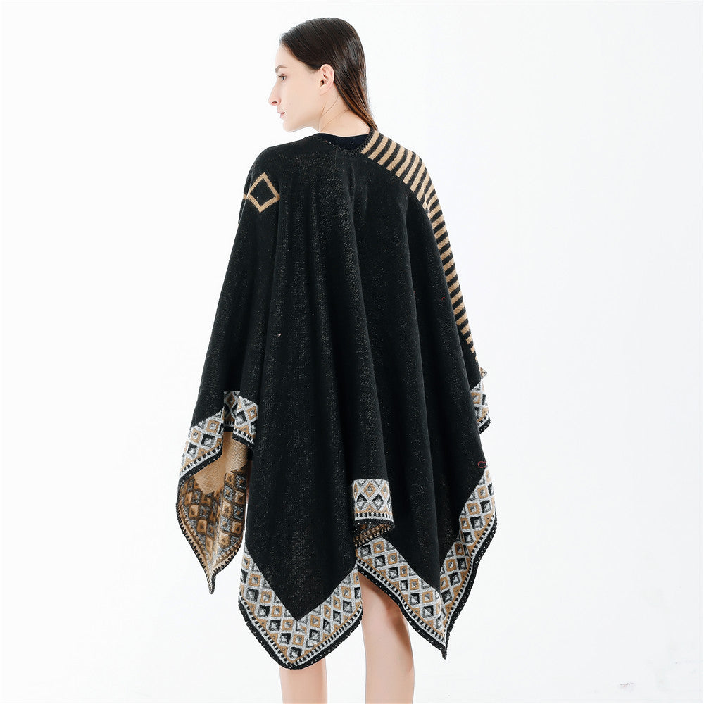 Damen Gewebte Oversize-Ruana mit Ethno-Bordüre und Streifenstruktur Drune