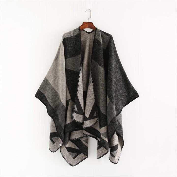 Damen Kastige Wollmix‑Ruana mit geometrischem Patchjacquard und Ziernaht Drune