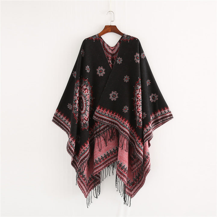 Damen Jacquard-Poncho im Oversize-Kimono-Fall mit Fransen Drune