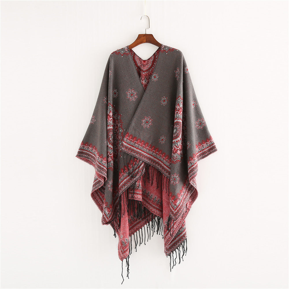 Damen Jacquard-Poncho im Oversize-Kimono-Fall mit Fransen Drune
