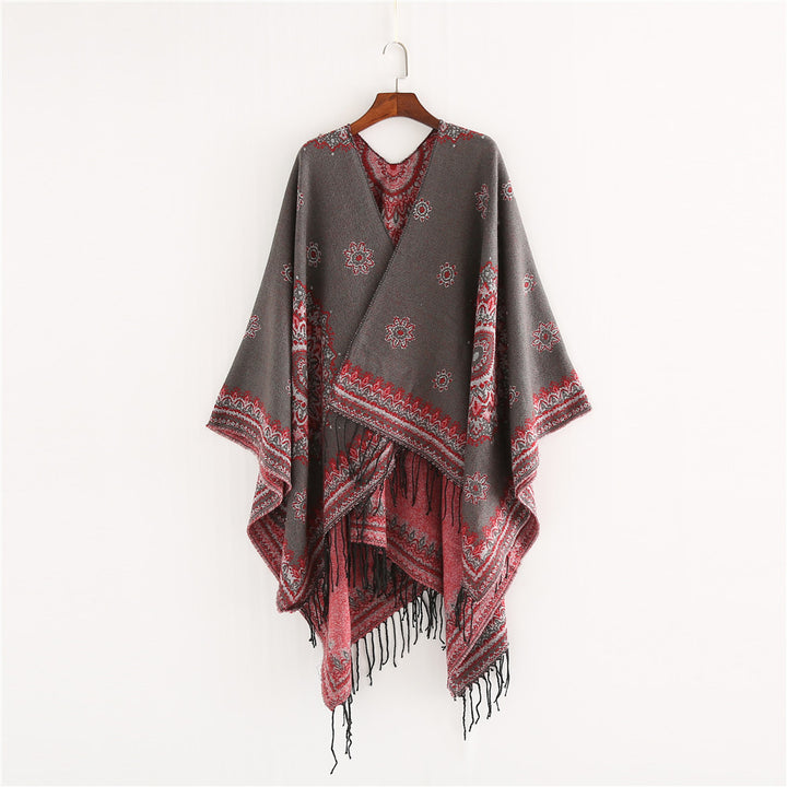 Damen Jacquard-Poncho im Oversize-Kimono-Fall mit Fransen Drune