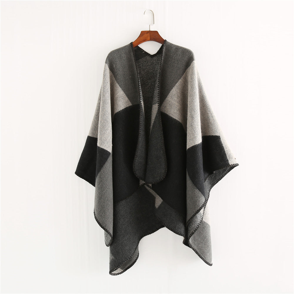 Damen Oversize-Strickruana mit geometrischem Colorblock, offener Front und Zierstichkante Drune