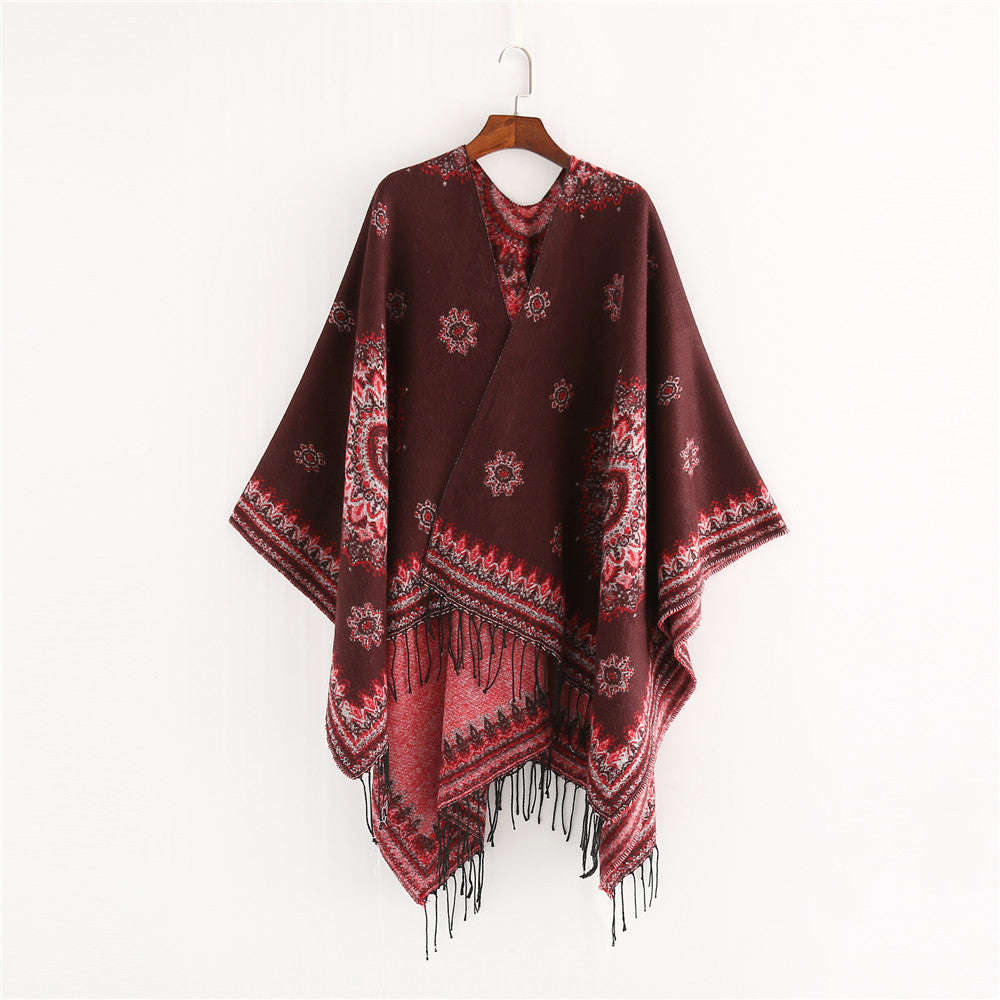 Damen Jacquard-Poncho im Oversize-Kimono-Fall mit Fransen Drune