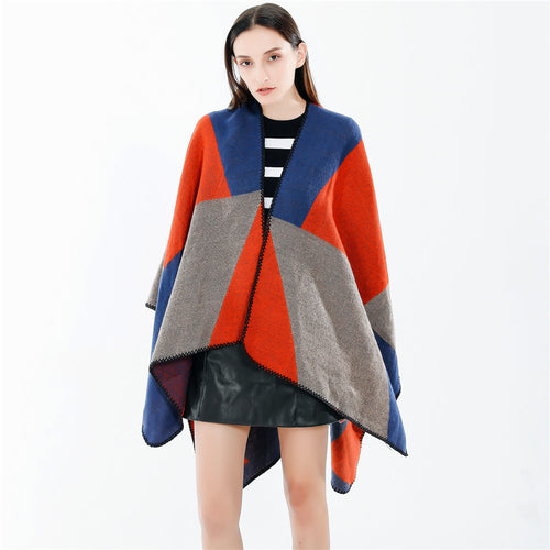 Damen Oversize-Strickruana mit geometrischem Colorblock, offener Front und Zierstichkante Drune