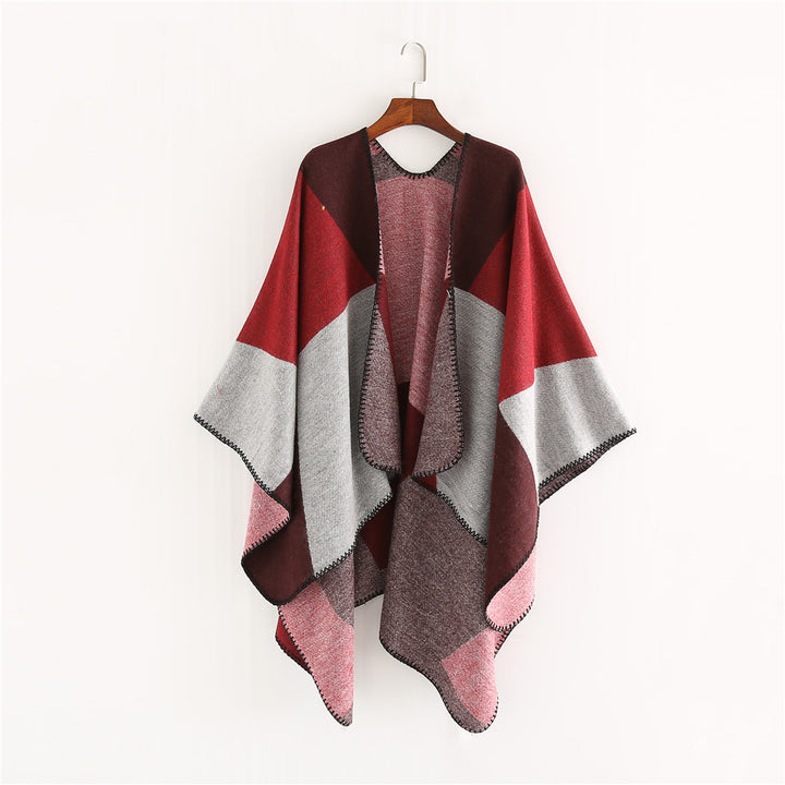 Damen Oversize-Strickruana mit geometrischem Colorblock, offener Front und Zierstichkante Drune