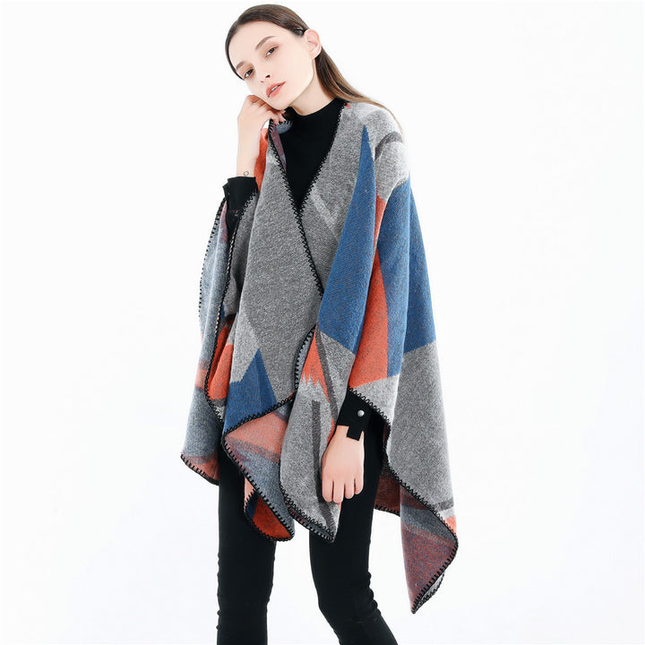 Damen Oversize-Geometrischer Jacquard-Poncho aus Wollmix Drune