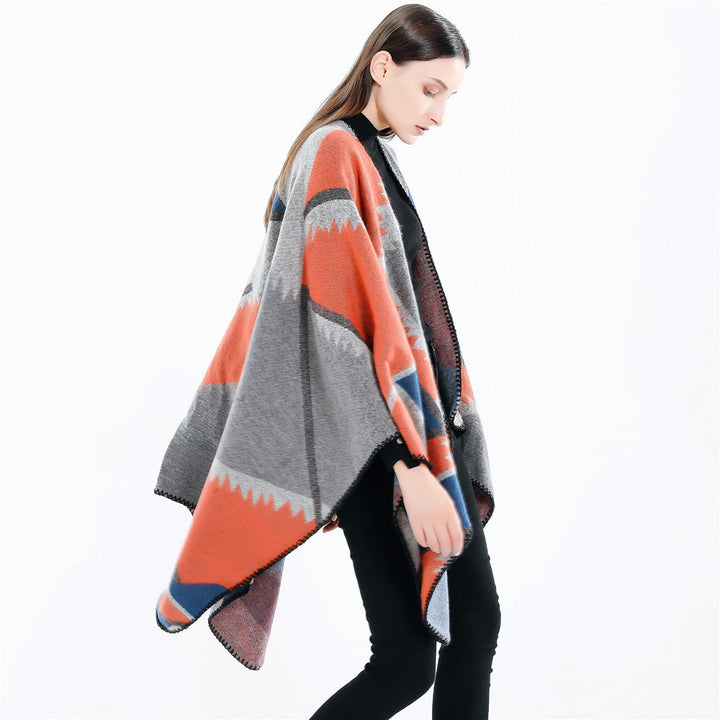 Damen Oversize-Geometrischer Jacquard-Poncho aus Wollmix Drune