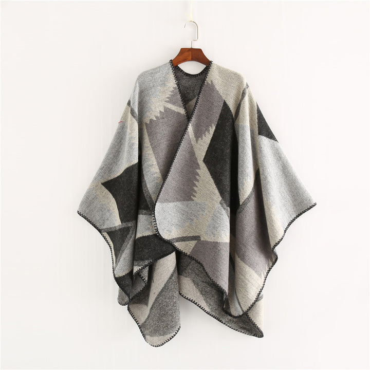 Damen Oversize-Geometrischer Jacquard-Poncho aus Wollmix Drune