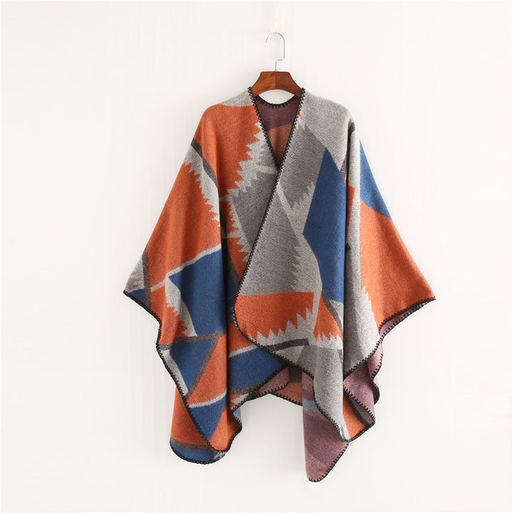 Damen Oversize-Geometrischer Jacquard-Poncho aus Wollmix Drune
