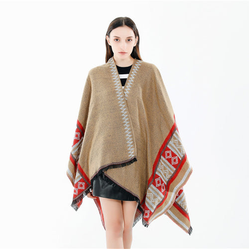 Damen Oversize-Ruana-Poncho im Boho-Ethno-Look aus Wollmix mit V-Ausschnitt und Fransensaum Drune
