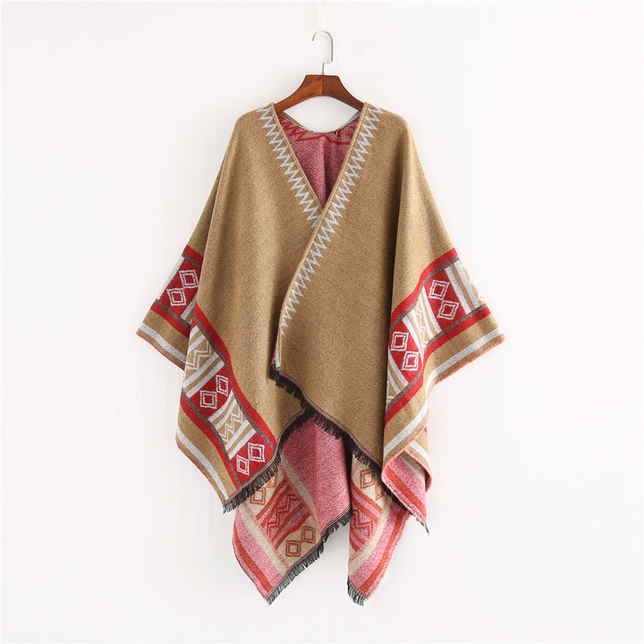 Damen Oversize-Ruana-Poncho im Boho-Ethno-Look aus Wollmix mit V-Ausschnitt und Fransensaum Drune