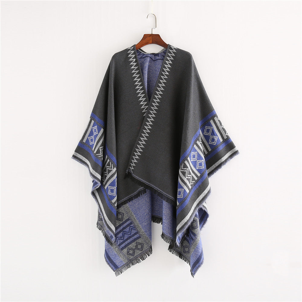 Damen Oversize-Ruana-Poncho im Boho-Ethno-Look aus Wollmix mit V-Ausschnitt und Fransensaum Drune