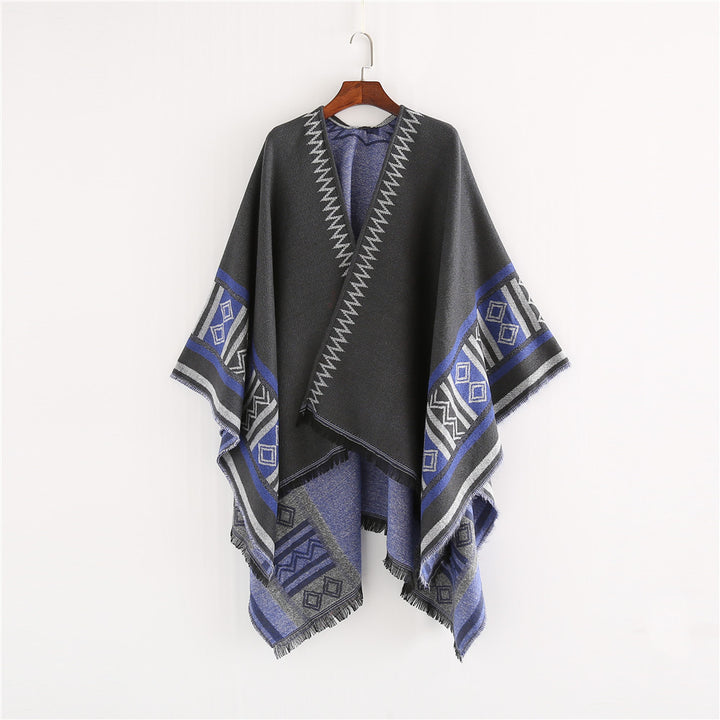 Damen Oversize-Ruana-Poncho im Boho-Ethno-Look aus Wollmix mit V-Ausschnitt und Fransensaum Drune