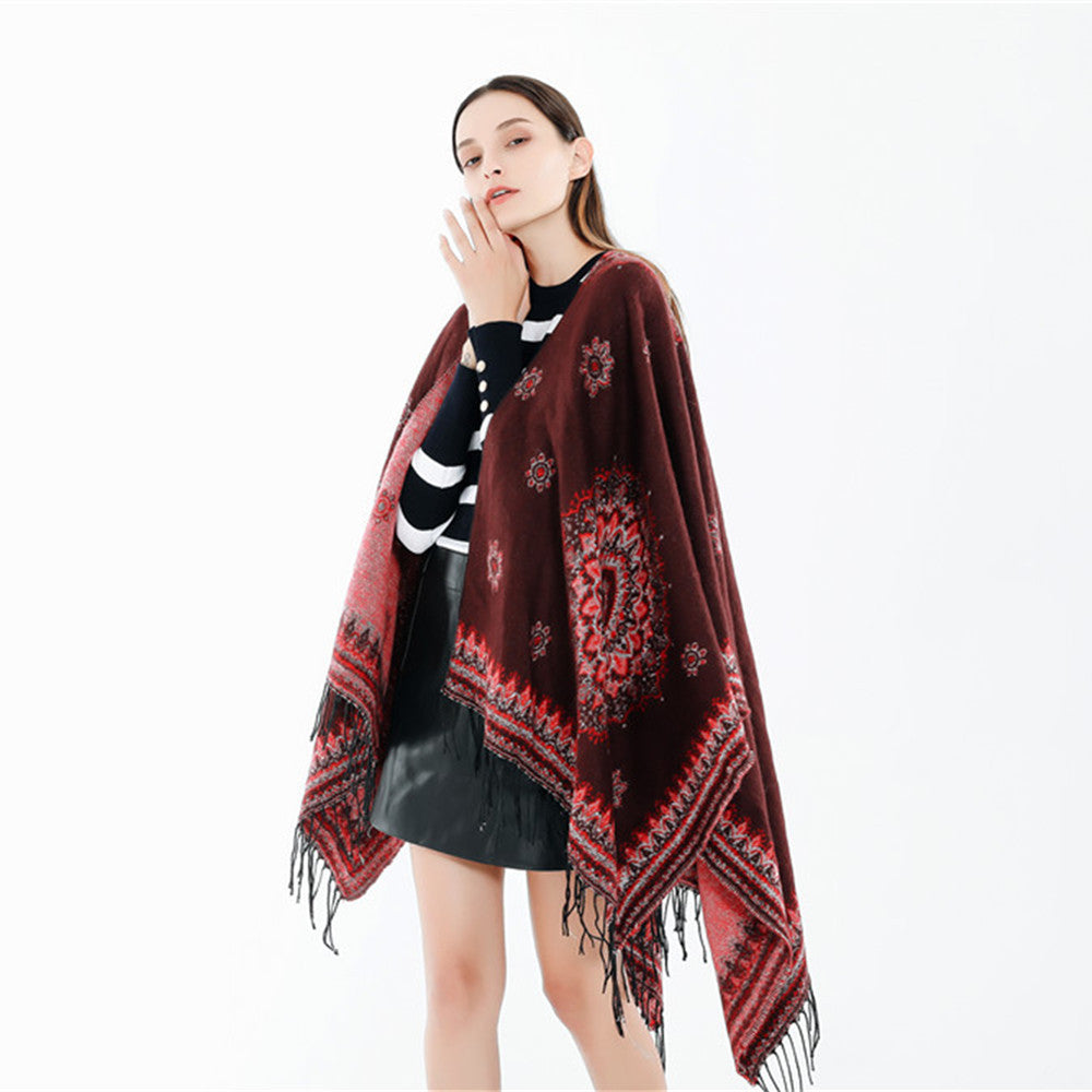 Damen Jacquard-Poncho im Oversize-Kimono-Fall mit Fransen Drune