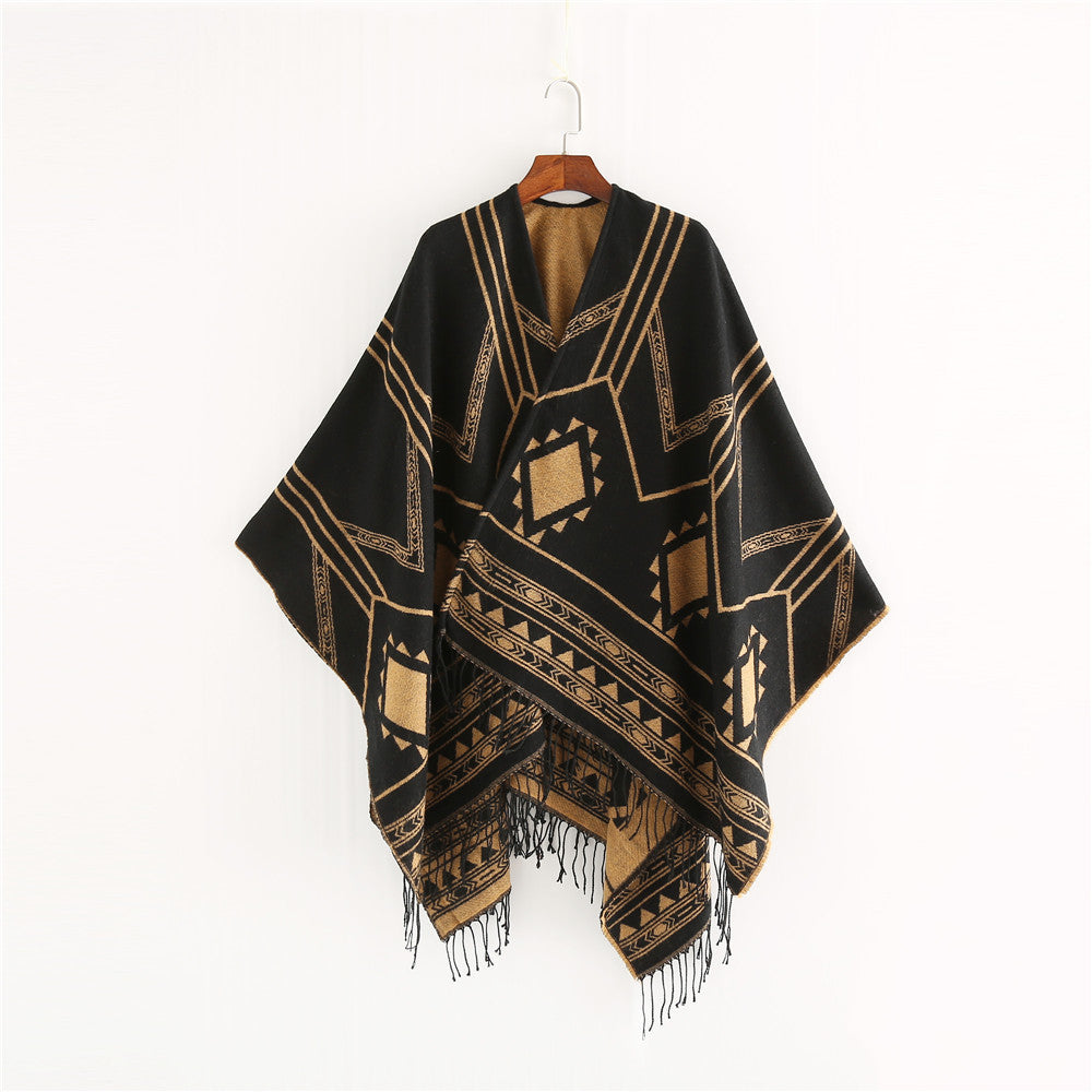 Unisex Ethno-Poncho aus weichem Strick mit Fransen und geometrischem Muster Drune