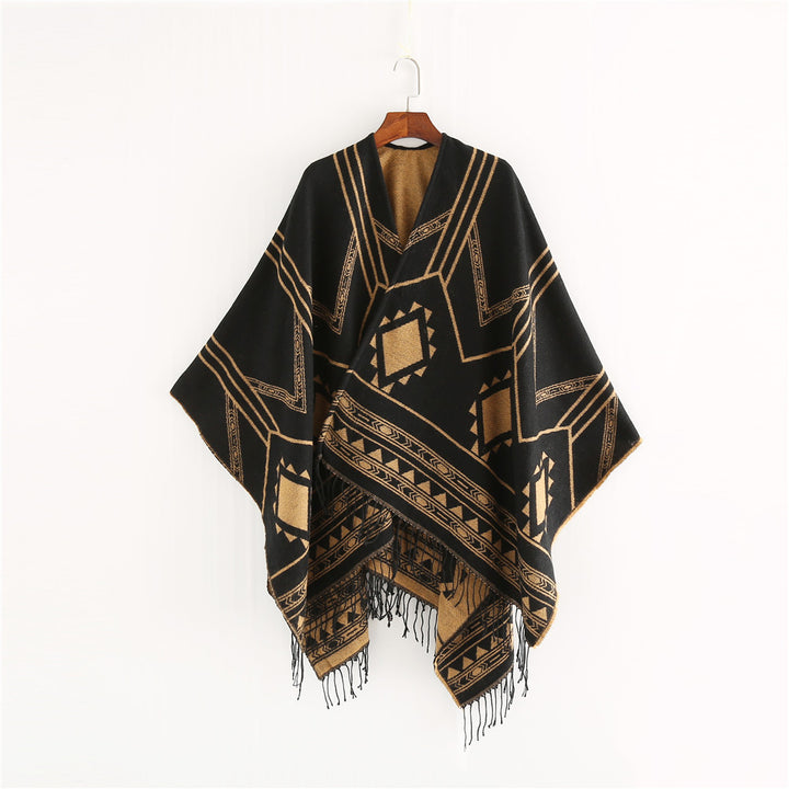 Unisex Ethno-Poncho aus weichem Strick mit Fransen und geometrischem Muster Drune