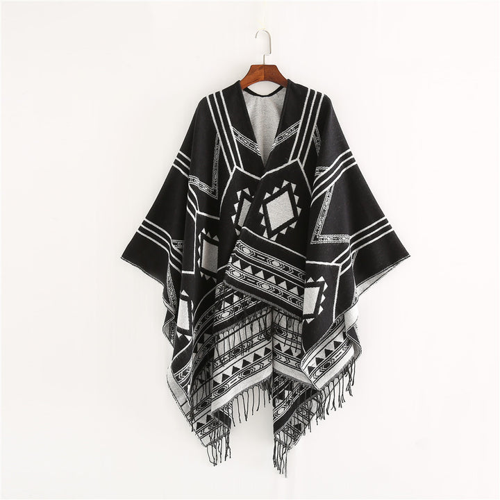 Unisex Ethno-Poncho aus weichem Strick mit Fransen und geometrischem Muster Drune