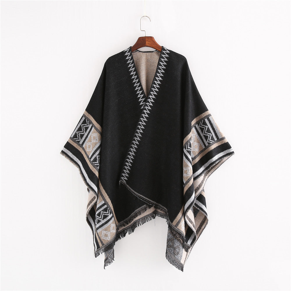 Damen Oversize-Ruana-Poncho im Boho-Ethno-Look aus Wollmix mit V-Ausschnitt und Fransensaum Drune