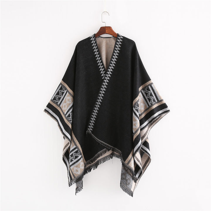 Damen Oversize-Ruana-Poncho im Boho-Ethno-Look aus Wollmix mit V-Ausschnitt und Fransensaum Drune