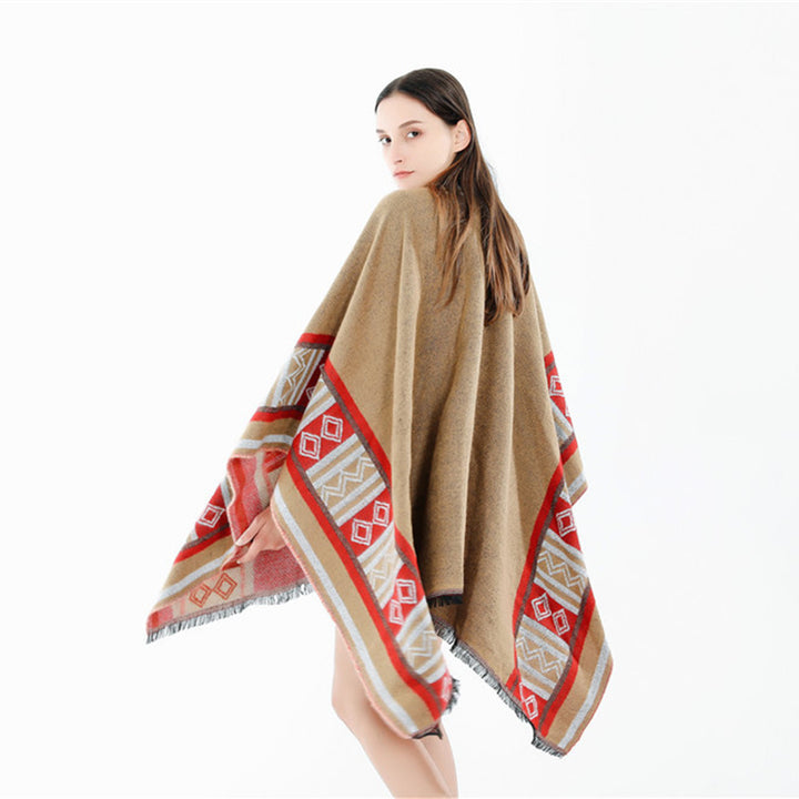 Damen Oversize-Ruana-Poncho im Boho-Ethno-Look aus Wollmix mit V-Ausschnitt und Fransensaum Drune