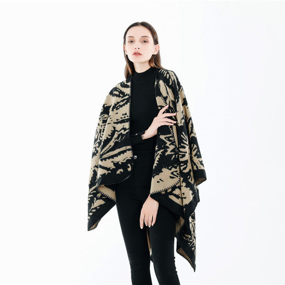 Damen Jacquard‑Ruana‑Überwurf mit floraler Webstruktur und dekorativer Kettelkante Drune