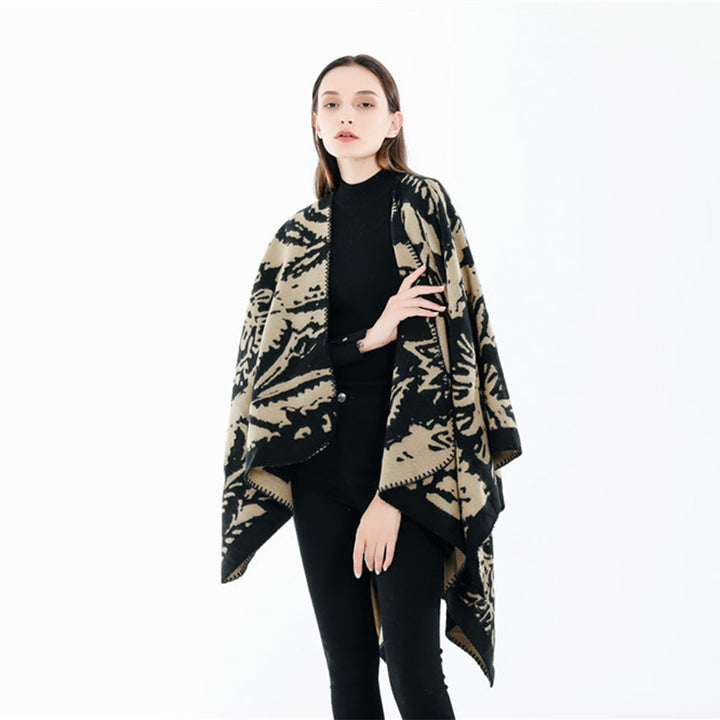 Damen Jacquard‑Ruana‑Überwurf mit floraler Webstruktur und dekorativer Kettelkante Drune