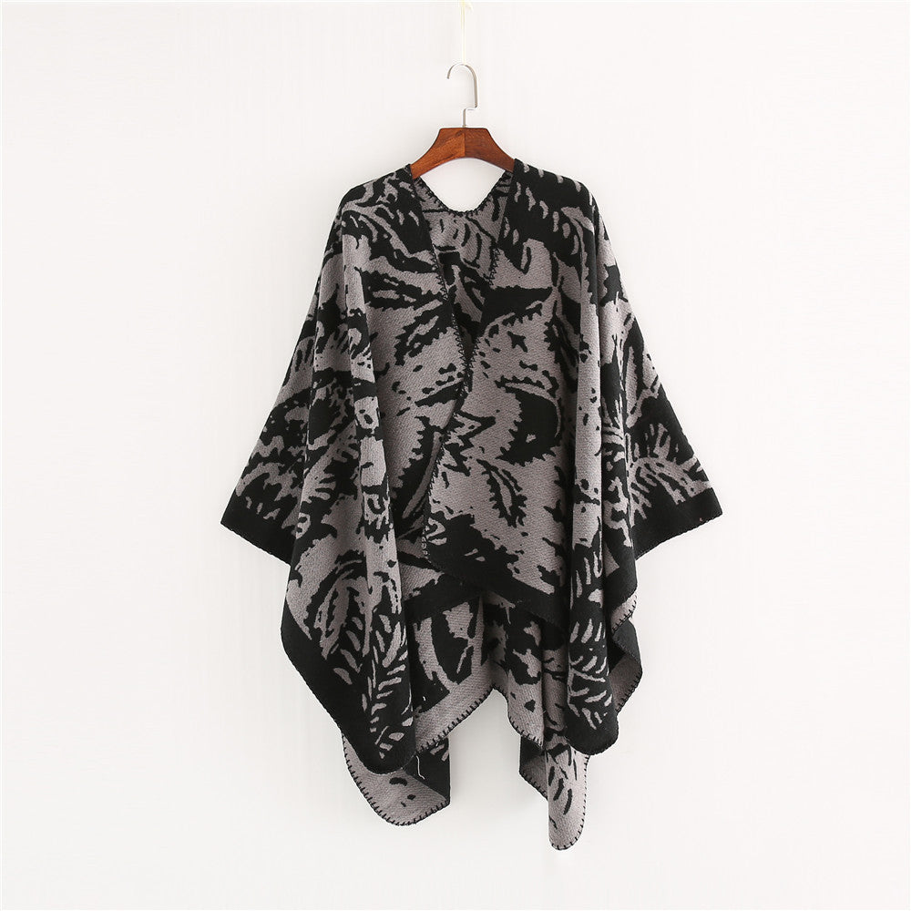 Damen Jacquard‑Ruana‑Überwurf mit floraler Webstruktur und dekorativer Kettelkante Drune