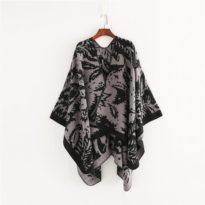 Damen Jacquard‑Ruana‑Überwurf mit floraler Webstruktur und dekorativer Kettelkante Drune