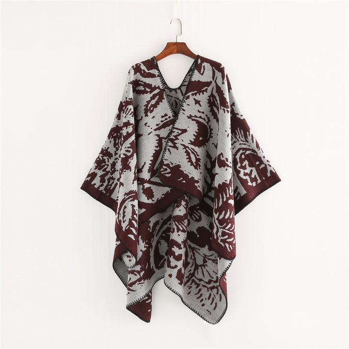 Damen Jacquard‑Ruana‑Überwurf mit floraler Webstruktur und dekorativer Kettelkante Drune