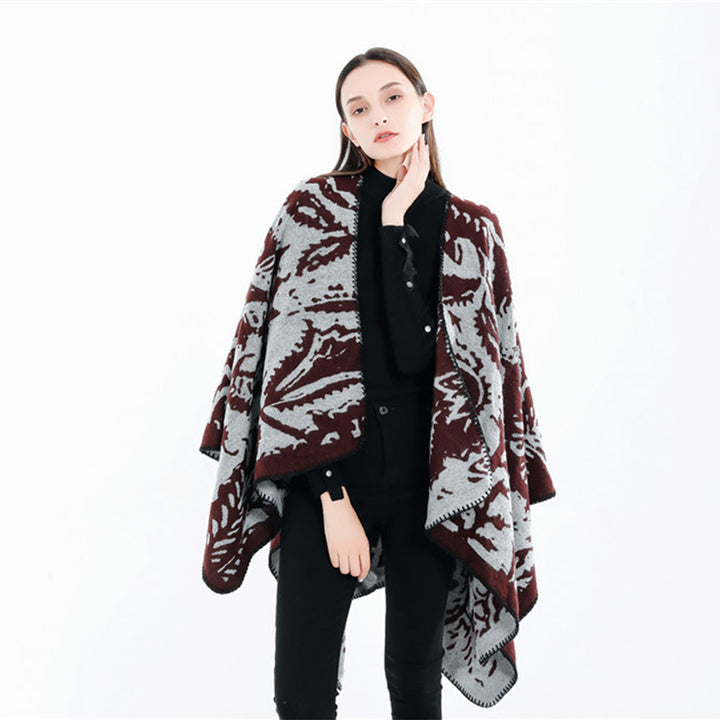 Damen Jacquard‑Ruana‑Überwurf mit floraler Webstruktur und dekorativer Kettelkante Drune