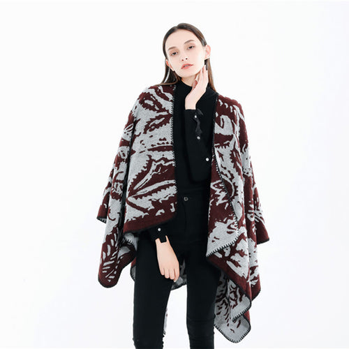 Damen Jacquard‑Ruana‑Überwurf mit floraler Webstruktur und dekorativer Kettelkante Drune