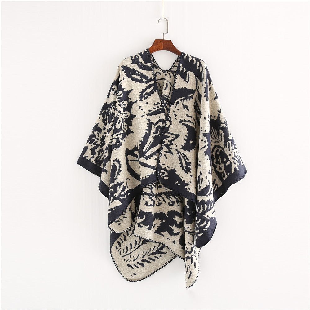Damen Jacquard‑Ruana‑Überwurf mit floraler Webstruktur und dekorativer Kettelkante Drune