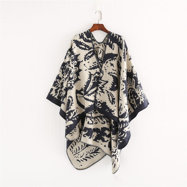 Damen Jacquard‑Ruana‑Überwurf mit floraler Webstruktur und dekorativer Kettelkante Drune
