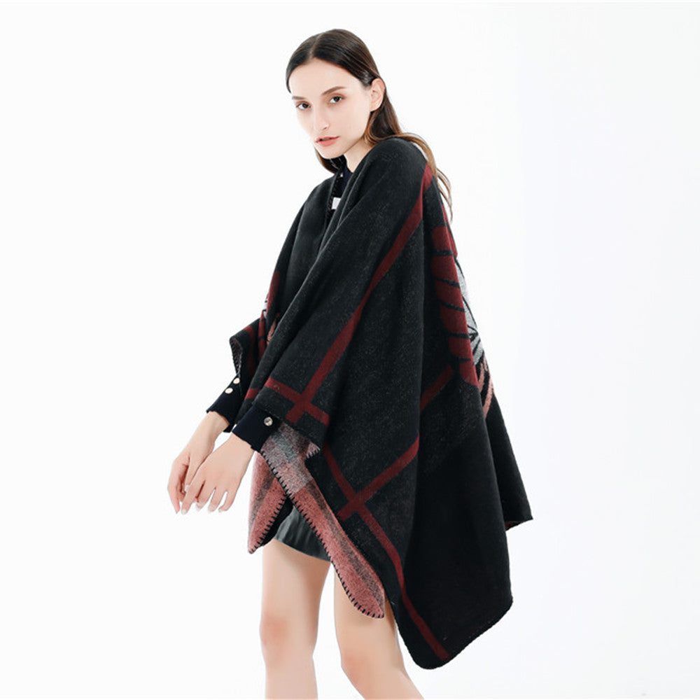 Damen Jacquard-Ruana mit floralem Intarsienmuster und zweifarbiger Wendekante Drune